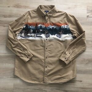 Croft & Barrow Beige Mountain Scene Wolf Shirt